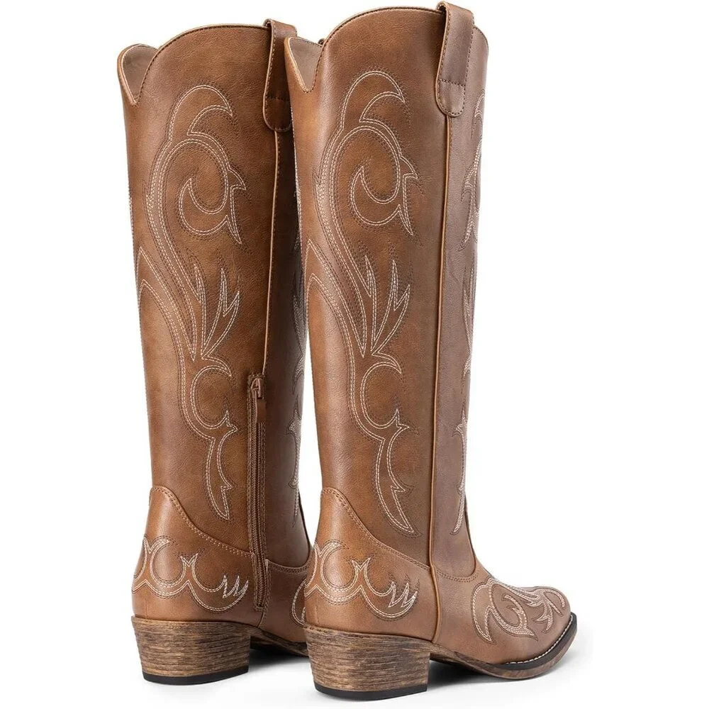Womens Faux Leather Brown Knee High Chunky Heel Side Zipper Embroidered Boots